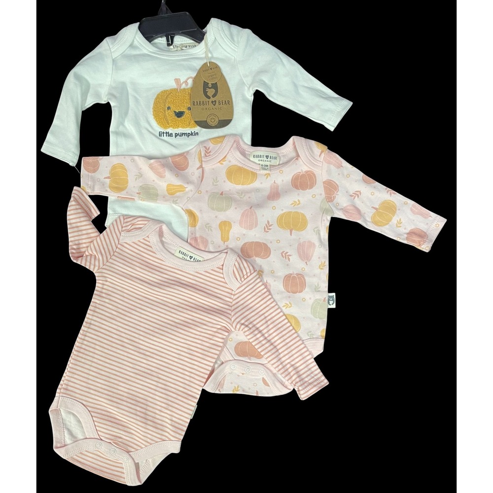 NEW Rabbit + Bear Organic Cotton Pumpkin Bodysuit Set 3 Pack Fall Halloween 0-3M